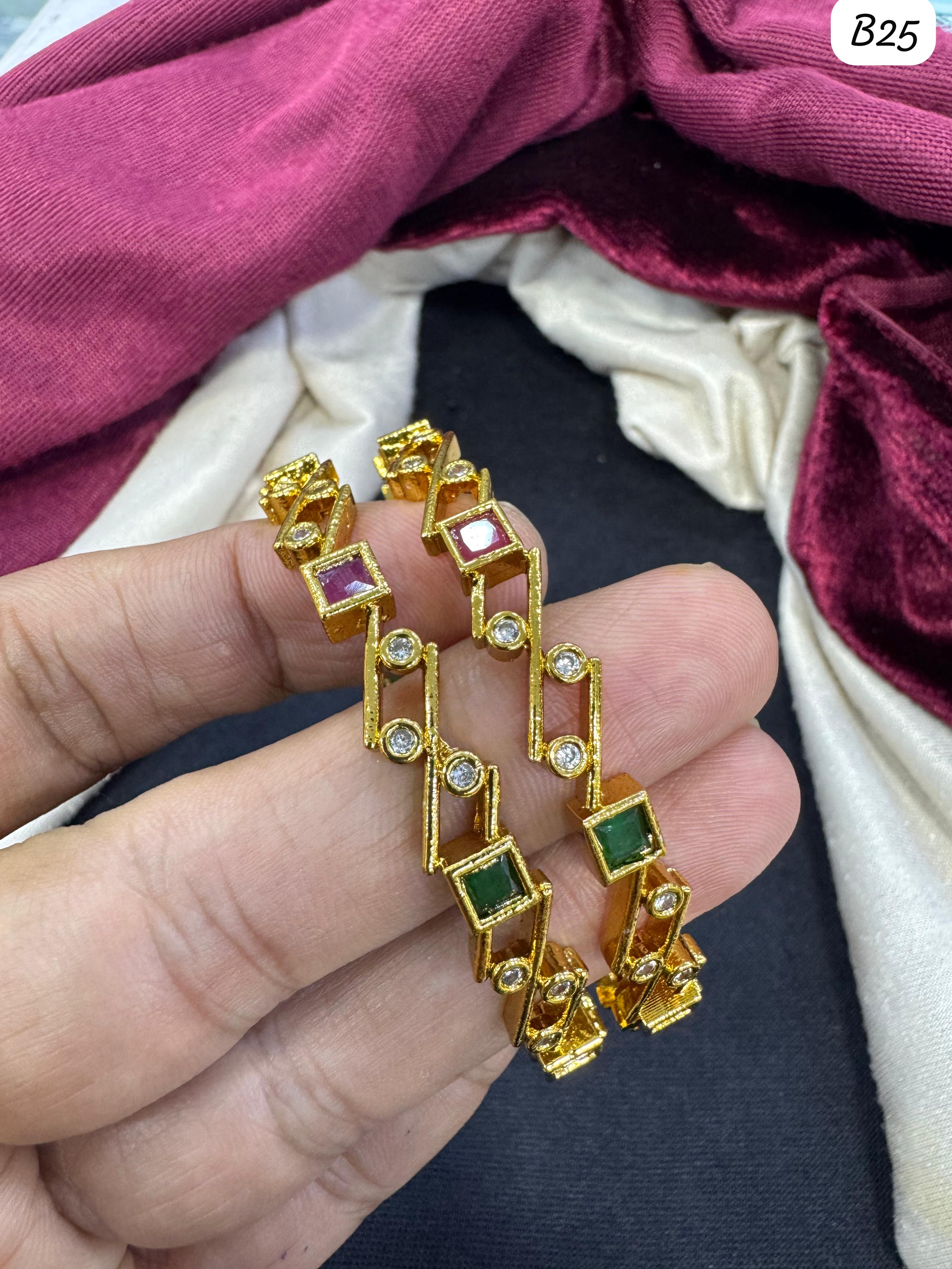 Elegant Gold Plated Bangle with Ruby, Emerald & Diamond Accent Stones